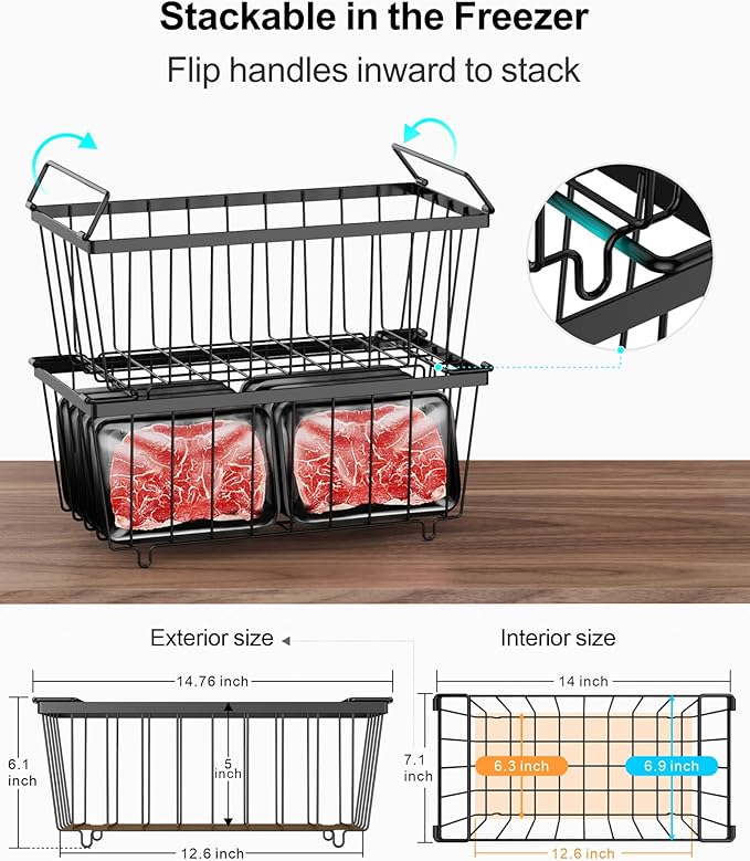 iSPECLE Freezer Organizer Bins - 4 Pack Small Stackable Deep, Bins for 7 Cu.Ft, Easy Get Bottom Foods without Digging, Chest Freezer Organizer Prevent Frozen Food Waste, Black