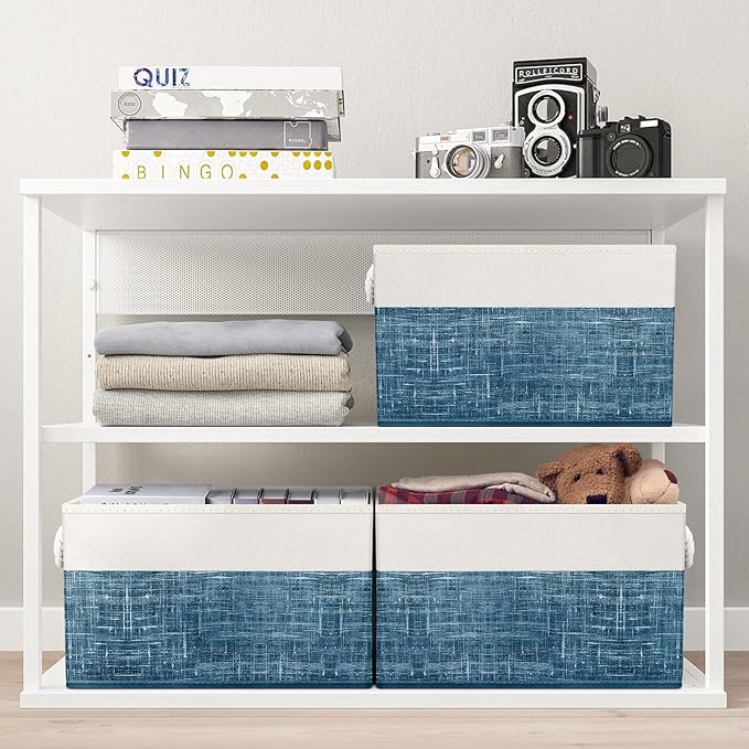 Fab totes Storage Bins [8-Pack], Foldable Storage Baskets for Organizing Toys, Books, Shelves, Closet, Large Storage Box with Rope Handles, Sturdy Organizer Bins, White & Blue