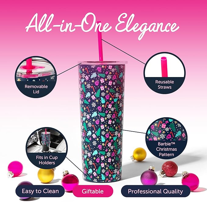 Dragon Glassware x Barbie 24 oz Insulated Stainless Steel Tumbler with Lid and 2 Straws - Festive Holiday Travel Coffee Tumbler Cup to Keep Drinks Hot or Cold, Fits Cup Holders - Christmas Theme