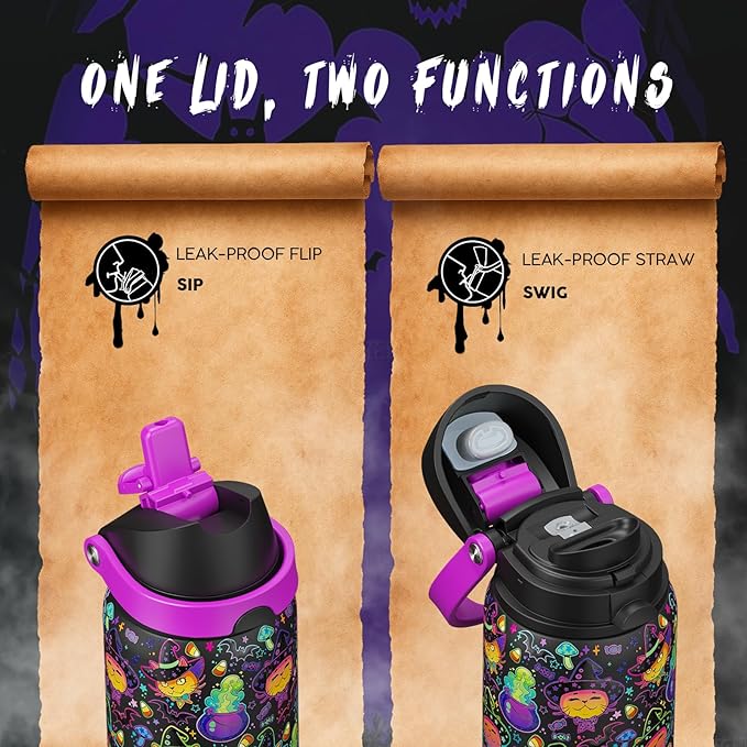 ENCOOL Halloween Insulated Water Bottle with Straw - Stainless Steel Water Bottle with Push Button Lid, Leak-Proof BPA-Free, Keeps Cold for 24 Hours for Halloween gifts, Party (32 oz, Meowgic Night)