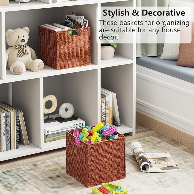 Vagusicc Wicker Storage Basket, Set of 2 Hand-Woven Paper Rope Wicker Basket, Foldable Cube Storage Bins, 9 inch Square Storage Baskets for Organizing Shelves & Decor, Orange (9″×9″×9″)