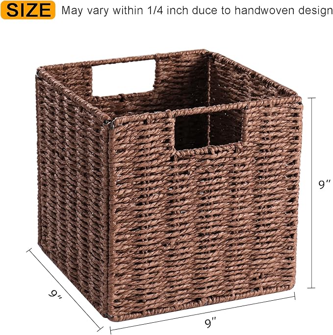 Vagusicc Wicker Storage Basket, Set of 2 Hand-Woven Storage Baskets for Shelves, Foldable Cube Storage Baskets Bins with Handles, 9 inch Small Wicker Baskets for Organizing Pantry Bedroom, Brown
