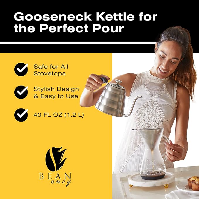 Bean Envy Pour Over Coffee Kettle - 40 oz, Stainless Steel, Gooseneck Coffee and Tea Kettle with Thermometer and Ergonomic Handle