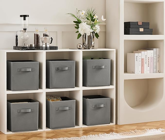 MAX Houser 6 Pack Foldable Fabric Storage Bins with Handles - Ideal for Closet Organization, Bedroom and Nursery (Grey, 10.5"x10.5"x11")