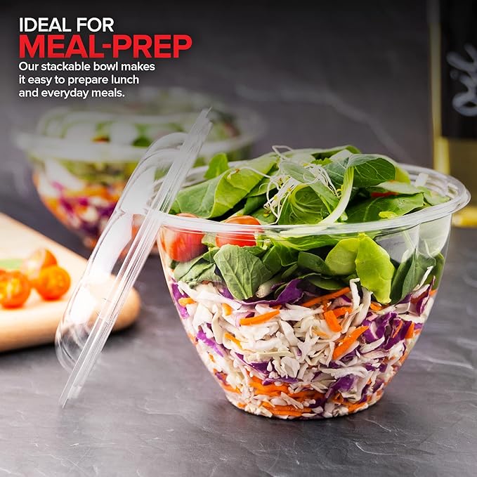 Stock Your Home Plastic Bowls with Lids (50 Count) 48 Oz. Disposable To-Go Containers – Large Airtight Bowls for Dinner or On-the-Go Meals