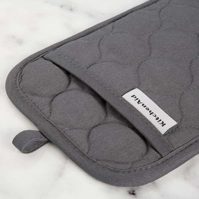 KITCHENAID Quilted Cotton Terry Cloth Oven Mitt, Pot Holder, Kitchen Towel 4-Pack Set, Heat Resistant, Silicone Grip, Gift Set, Charcoal Grey, 16"x26", 7"x13" & 7"x10"