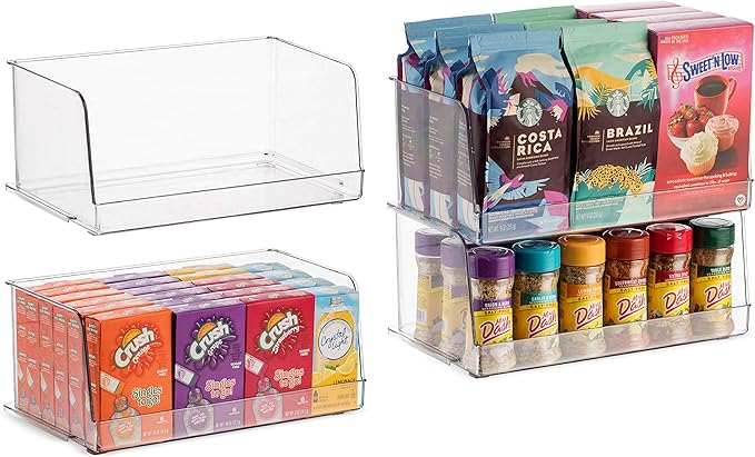 Set Of 4 Clear Pantry Organizer Bins Stackable Household Plastic Food Storage Basket with Wide Open Front for Kitchen, Countertops, Cabinets, Refrigerator, Freezer, Bedrooms, Bathrooms