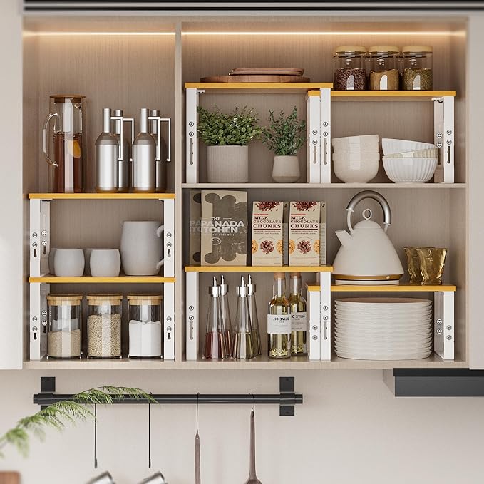Kitchen Cabinet Organization Shelf，Set of 2 Height Adjustable Storage Racks，Stackable，Expandable，Countertop Shelves Organizer，Pantry Shelving(2PACKS/Large/White)