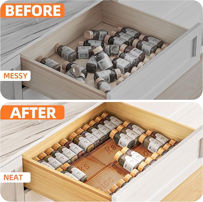 8 Packs Spice Drawer Organizer, 2-Tier Acrylic Drawer Seasoning Organizer, Expandable From 11'' to 22'' Kitchen Spice Rack Organizers and Storage for Drawer (Jars not included), Amber