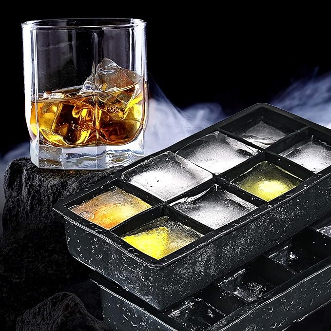 Ice Cube Trays with Lids Large Size Silicone Square Ice Cube Molds for making 8 Giant Ice Cubes for Whiskey and Cocktails, Keep Drinks Chilled, Reusable and BPA Free 2 Pack