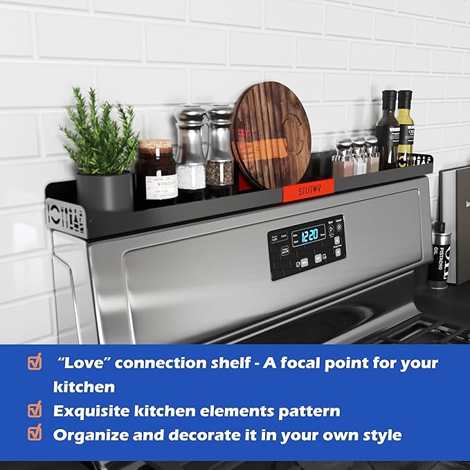 30" Magnetic Stove Top Shelf – Black Spice Rack with Red Logo and Seasoning Organizer – Kitchen Shelf for Back of Stove – Over Stove Rack and Storage Organizer