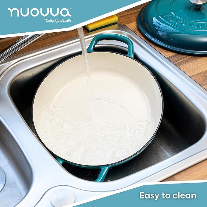 Cast Iron Dutch Oven with Lid – Non Stick Shallow Dutch Oven Pot, Oven Safe up to 500° F – Sturdy Cooking Pot – Enamelled Stockpot Cookware – Teal, 3.7-Quart, 30cm – by Nuovva