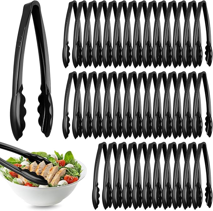 Tessco for you 80 Pcs Plastic Tongs for Serving Bulk, 9 Inch Plastic Disposable Serving Tongs Heavy Duty Salad Utensils for Kitchen Buffets BBQ Events Catering (Black)