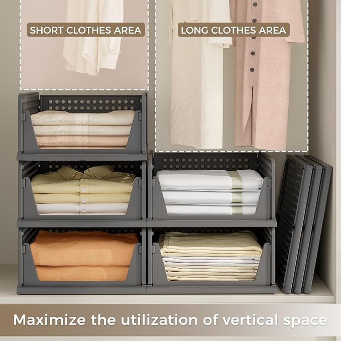 Pinkpum 8 Pack Closet Organizers and Storage Plastic Stackable Storage Bins, Foldable Drawer Shelf Storage Container for Wardrobe Kitchen Bathroom Dorm Black