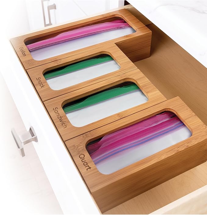 Seville Classics Bamboo Premium Organizer Storage Bins for Kitchen Silverware, Pantry, Closet, Office Desk, Pens, Utensils, Makeup, K Cup, Bamboo, Bag Holder Bin Set (4 Piece)