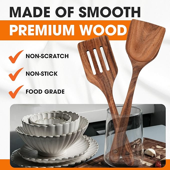 Cheer Collection Wooden Utensil Set - 7 Piece Cooking Utensils, Teak Wooden Spoons & Spatulas for Cooking, Heat Resistant, Non-Stick, and Safe Wooden Cooking Utensils