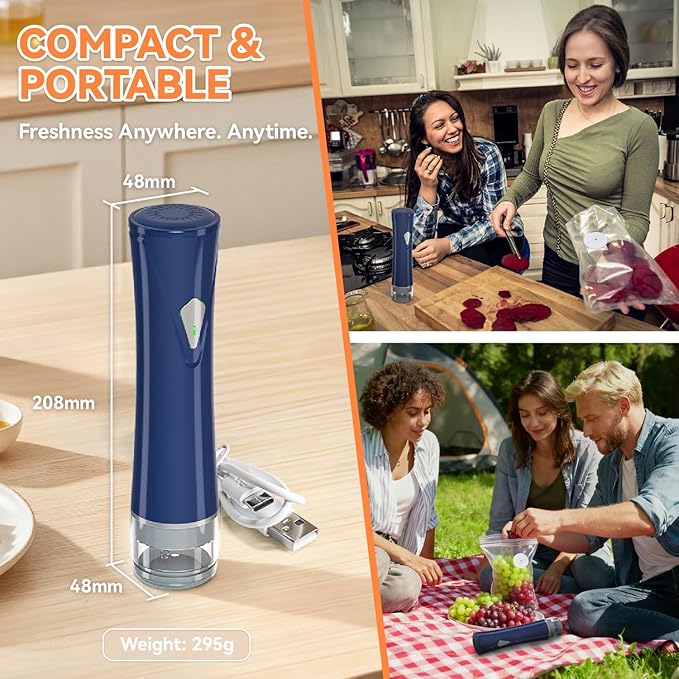 Compact Vacuum Sealer for Food with Bags & Mason Jar Kit, Saver 5X Fresh Longer, 15PCS Reusable Bags, Wide and Regular Mouth Kits, Wine Stopper for Kitchen Fridge Travel Seal Meal