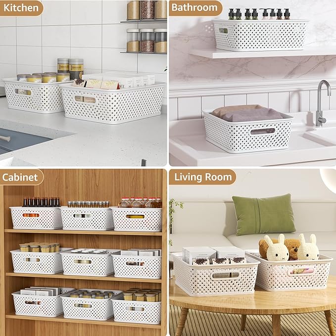 MaxGear Organization and Storage 3 Packs, Plastic Bins Organizer Bins, Woven Baskets for Storage, Plastic Baskets with Handles, White Basket for Organizing, Basket Organizer for Home and Office, Large