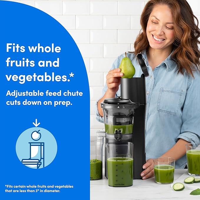 nutribullet Slow Juicer, Slow Masticating Juicer Machine, Easy to Clean, Quiet Motor & Reverse Function, BPA-Free, Cold Press Juicer with Brush, 150 Watts, Charcoal Black, NBJ50300, 24-oz