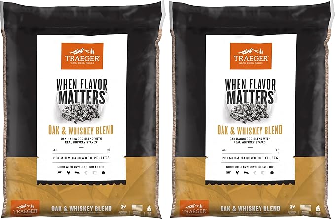 Traeger Grills Oak & Whiskey Blend 100% All-Natural Wood Pellets for Smokers and Pellet Grills, BBQ, Bake, Roast, and Grill, 18 lb. Bag (Pack of 2)
