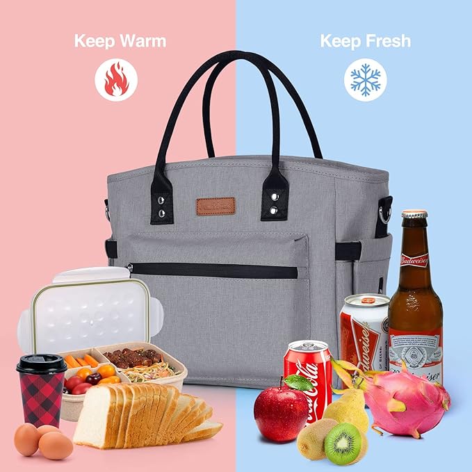 Insulated Lunch Bag for Women Men,Adult Lunch Box for Women with Adjustable Shoulder Strap,Portable Large Lunch Tote Bag for Office Work Picnic Beach,Reusable Lunch Cooler Bag