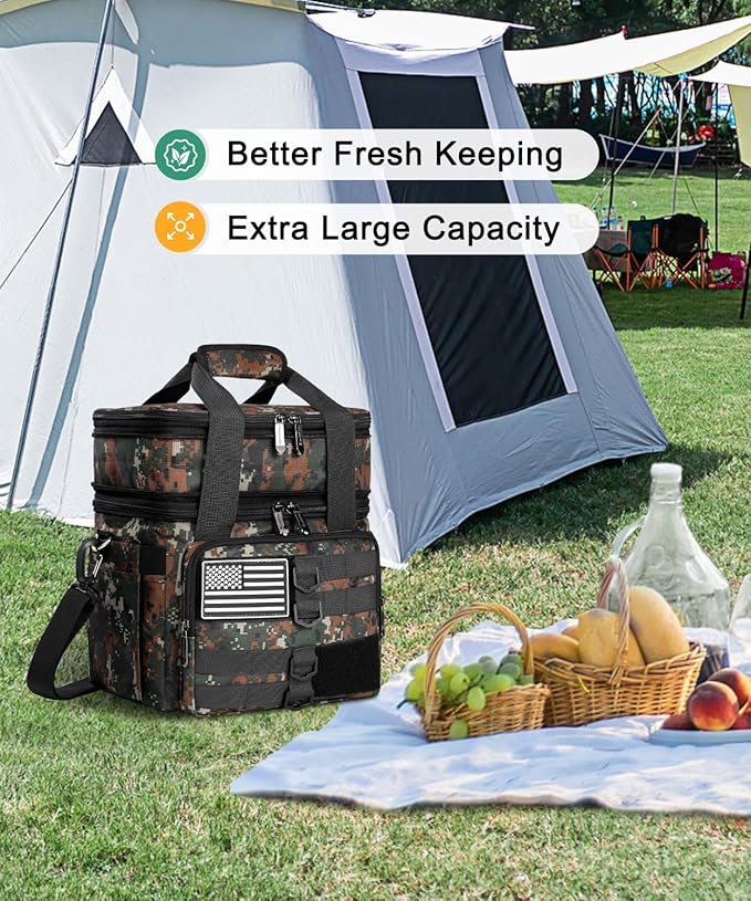 Tactical Lunch Box for Men, Large Insulated Lunch Bag for Adult, Heavy Duty Double Deck Expandable Lunch Cooler Bag with American Flag, Leakproof Soft Lunch Pail for Work Office Camping - Camo Green
