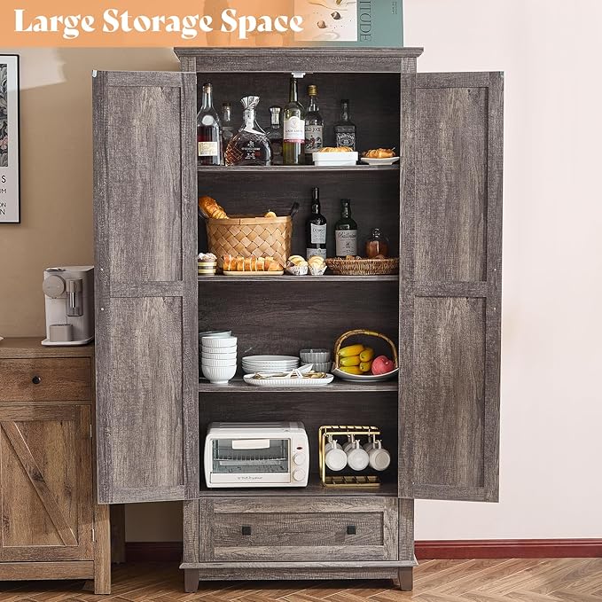 AMERLIFE 72" Tall Kitchen Pantry Storage Cabinet, Farmhouse Food Pantry Cabinet for Kitchen, Living Room, Dining Room, Adjustable Shelves and Drawer, Rustic Grey