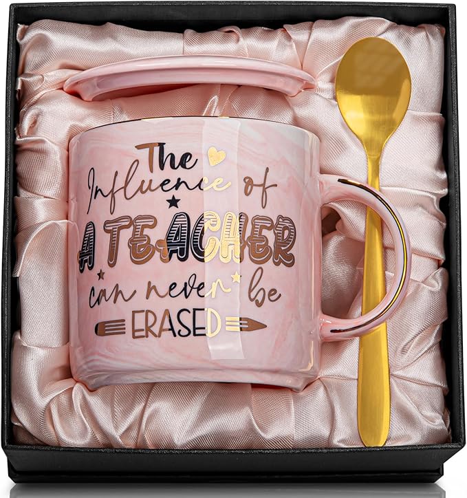Teacher Appreciation Gifts for Women, Christmas, Birthday, Retirement, Back to School, Graduation, End of Year Gifts - The Influence of A Teacher Can Never Be Erased, 14oz Golden Pattern Marble Mug