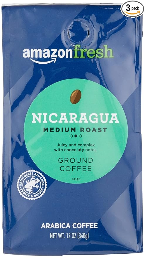 Amazon Fresh, Nicaragua Ground Coffee, Medium Roast, 12 Ounce (Pack of 3)