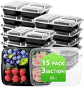32oz Meal Prep Containers 3 Compartment Food Container with Lids 15 Pack, Durable Reusable Snack Box Containers, Microwaveable Food Storage Containers Lunch Containers for Women and Men