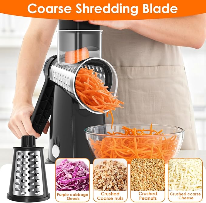 5 Blade Rotary Cheese Grater and Vegetable Chopper with Storage Box and Hand Crank, Compact Shredder for Cheeses, Veggies, Nuts - Easy to Use, Non-slip Suction Base,Black