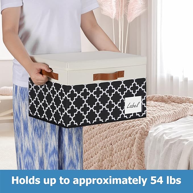 GhvyenntteS Extra Large Storage Bins with Lids, Foldable Fabric Storage Boxes with Lids and 3 Leather Handles, Sturdy Storage Baskets with Label Window (6 Pack, White&Lattice Black)