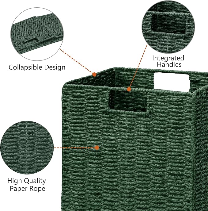 Vagusicc Wicker Storage Basket, Set of 2 Hand-Woven Paper Rope Wicker Basket, Foldable Cube Storage Bins, 9 inch Square Storage Baskets for Organizing Shelves & Decor, Green (9″×9″×9″)