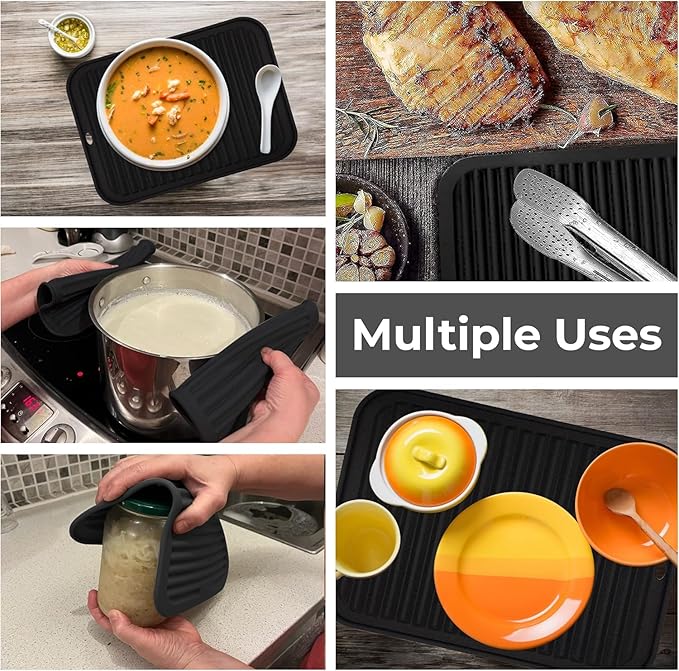 Silicone Trivets for Hot Dishes, Pots, Pans (4 Pack) - Heat-Resistant Pot Holders for Kitchen Countertop Mats - Silicone Trivet Mat (9 x 12 Inch) - Multipurpose Counter Pads (Black)