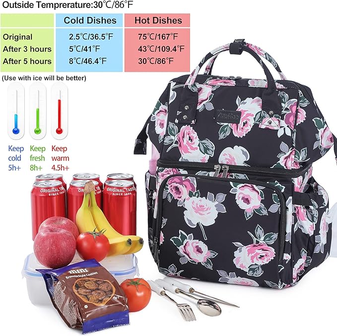 AmHoo Insulated Lunch Box Cooler Backpack Waterproof Leak-Proof Lunch Bag Tote for Men Women Hiking Beach Picnic Trip with Strongest YKK Zipper Rose Flower Pattern