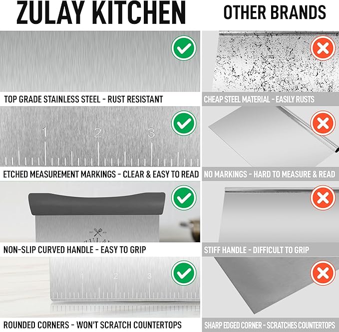 Zulay Premium Multi-purpose Stainless Steel Bench Scraper & Chopper, Easy to Read Etched Markings for Perfect Cuts, Quick & Easy Multi-use Dough Scraper, Dough Cutter & Pastry Scraper (Gray)