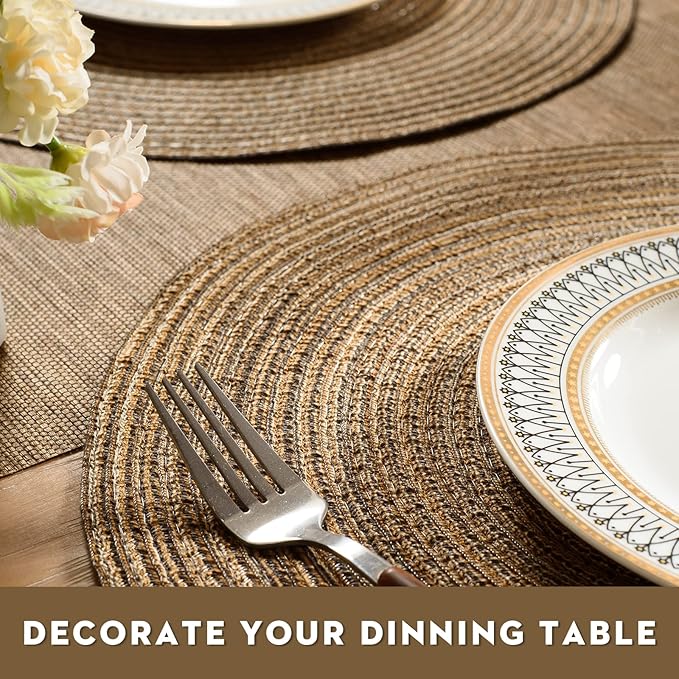 FunWheat Round Braided Placemats Set of 6 Place mats for Dining Tables Woven Heat Resistant Table Mats 15 inch for Fall(Brown)