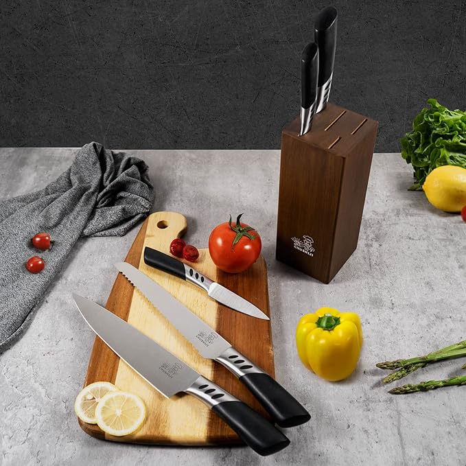 Knife Block Set, 7 Piece Cooking Knife Set, Premium Kitchen Knife Set with Knife Block and Sharpener, Hardwood Brown Knife Set，New Apartment Gift
