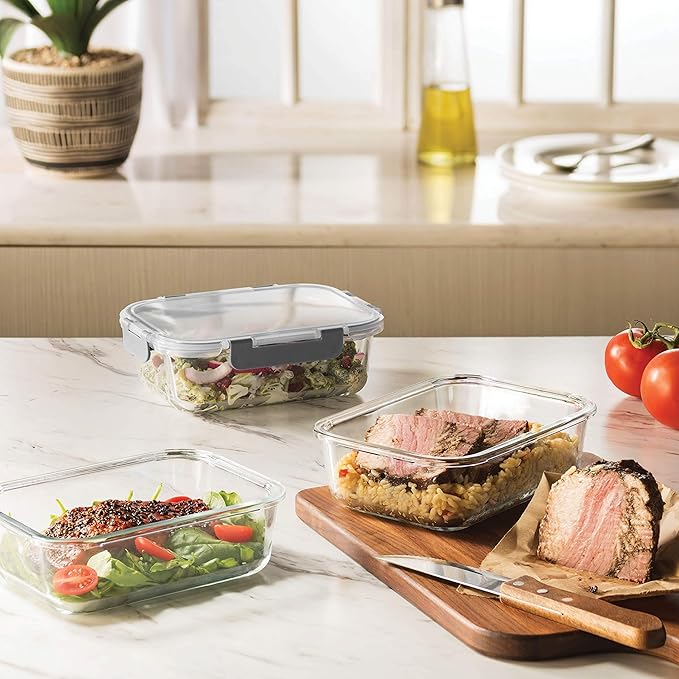 FineDine Glass Meal Prep Containers with Lids - Set of 3 Square 28 Oz Containers - Airtight, Leakproof, Microwave & Dishwasher Safe - Perfect for Snacks, Dips, and Meal Prep
