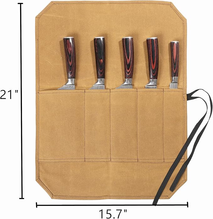 Knife Roll, Knife Cases Organizer-Durable Waxed Canvas With Cut Resistant Lining -5 Pockets (Khaki)
