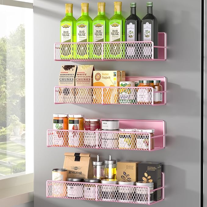 Magnetic Spice Rack for Refrigerator, 4 Pack 100% Metal Strong Magnet Fridge Shelves, Space Saving Spice Organizer, No Drilling Moveable Home Kitchen Laundry Room Storage Organization, Pink