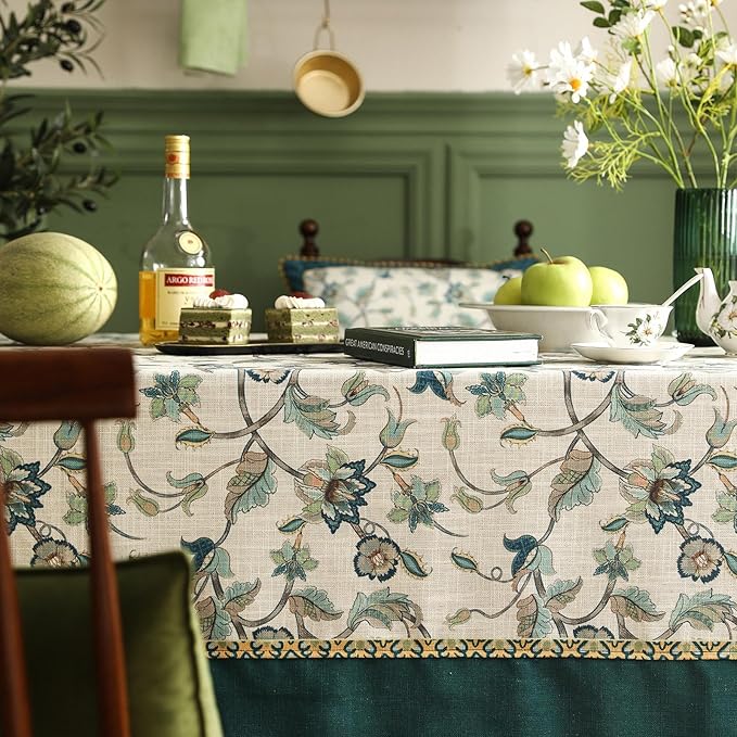 patdrea Designer Green Linen Table Cloth for Rectangle Table,Vintage Floral Pattern Durable Tablecloth,French Cover Decor for Kitchen Dining,Christmas,Thanksgiving,Tea Party,63"x87"-Noah