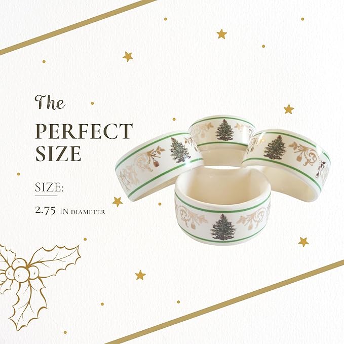 Spode Christmas Tree Gold 2.75" Napkin Ring (Set of 4) - Elegant 22K Gold Accented Holiday Napkin Rings, Fine Porcelain Christmas Table Setting Décor - Ideal for Holiday Dinnerware & Festive Gifting