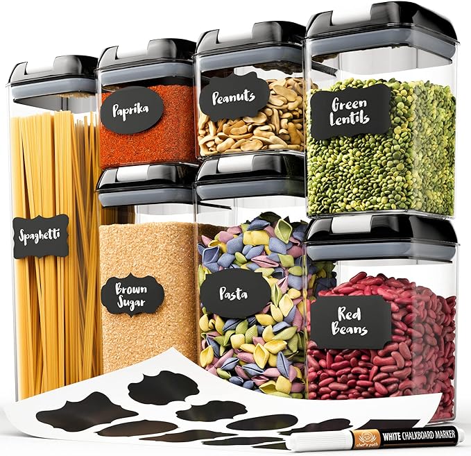 Chef's Path - Set of 7 Airtight Food Storage Containers for Kitchen Storage - Clear Plastic - Durable Strong Lids - Labels and Chalk Marker