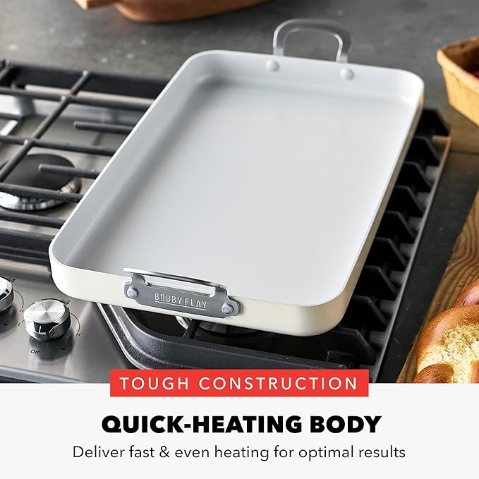 GreenPan x Bobby Flay 18" x 11" Nonstick Double Burner Griddle, PFAS-Free Ceramic Double Stovetop Skillet, Stainless Steel Handles, Dual-Use Cooking, Easy Clean Dishwasher & Oven Safe Pan, Cream