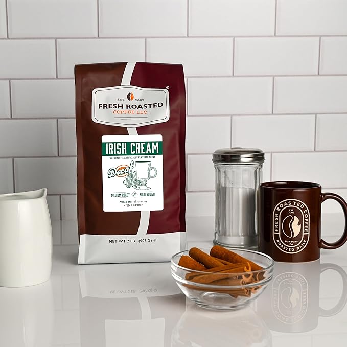 Fresh Roasted Coffee, Decaf Irish Cream Flavored Coffee, 2 lb (32 oz), Medium Roast, Kosher, Whole Bean