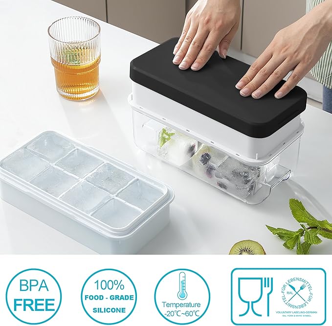 Large Ice Cube Tray, Easy Release Press Ice Cube Moulds with Lid, No Overflow Silicone Moulds with Stackable Lid, Perfect for Cocktails & Party Drinks, for 16 Large Ice Cubes(5cmx5cmx4.5cm), Black