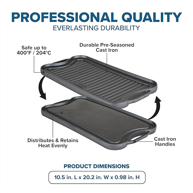 Viking Griddle, 20 Inch Reversible Cast Iron Grill Pan, Pre-Seasoned, Oven Safe, Hand Wash Only, Induction Ready, Black