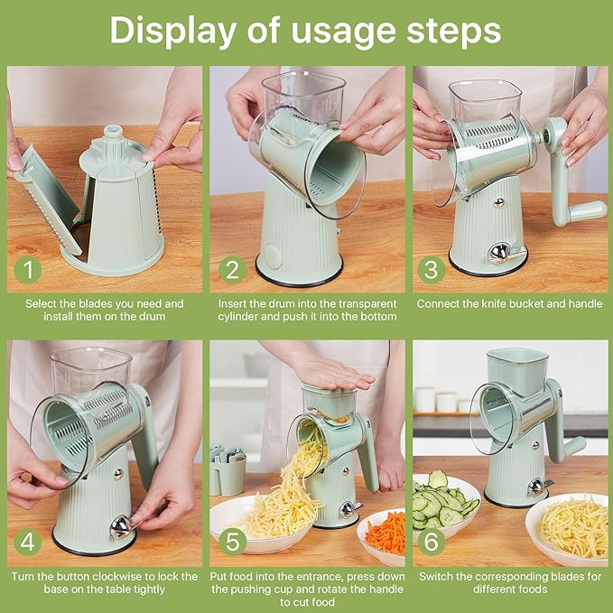 5 in 1 Rotary Cheese Grater Vegetable Slicer - Drum Mandoline Chopper for Kitchen, Easy to Clean with Storage Container