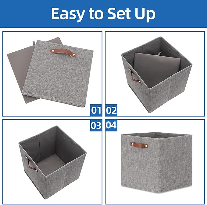 Temary Fabric Storage Cubes - 13 x 13 Collapsible Bins with Handles for Home Organization (Gray)